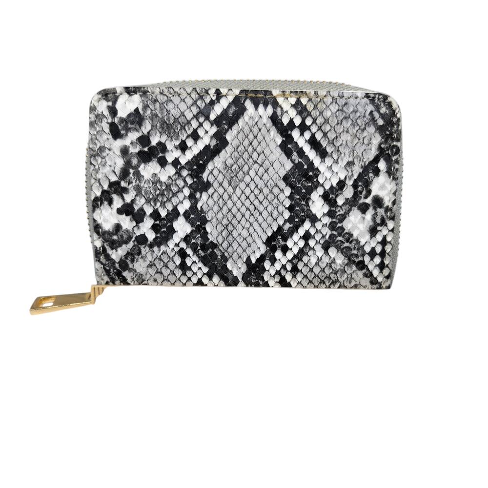 Faux Snake Wallet Black White Gray Python Zip Around Coin Gold Small Compact